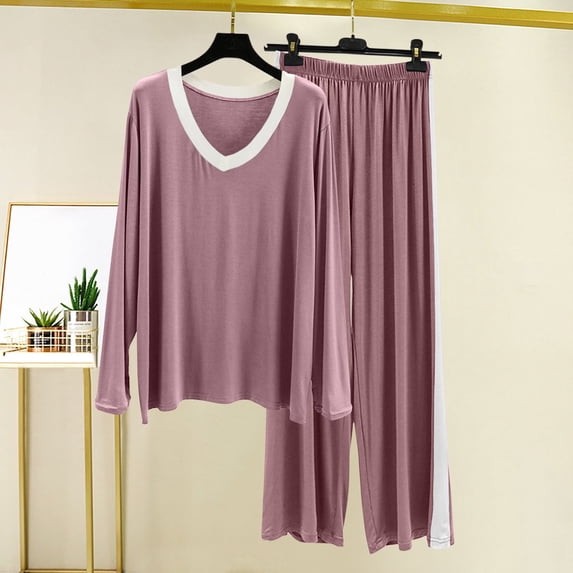 Women's Solid Color Modal Pajama Set V-Neck Long Sleeve Loose Pants Casual Soft Breathable Loungewear Home Sleep Comfortable Fashion Outfit Purple L