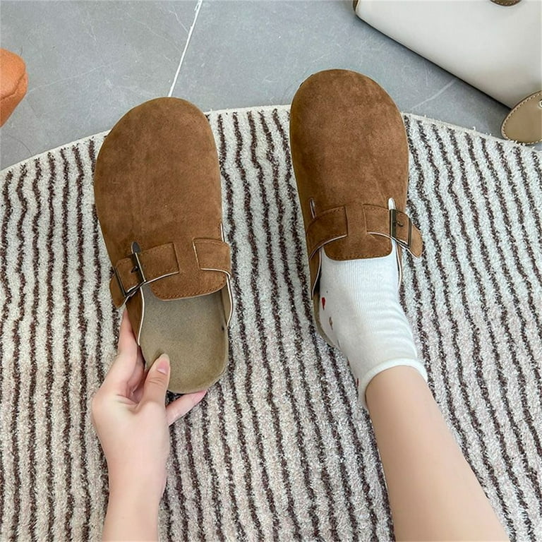 Women s Solid Color Mules Clog Slip On Round Toe Buckle Decor Non slip Half Drag Outdoor Suede Flat Shoes shikongkuajing Walmart