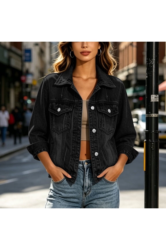 Women's Solid Color Multi-Pocket Denim Jacket Button Front Long Sleeve Lapel Collar Relaxed Loose Fit Dual Chest Patch Pockets Classic Washed Denim Shades for Street Outfits Weekend Strolls Black XL