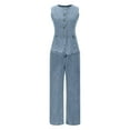 thumbnail image 1 of Women's Solid Color New Sleeveless Tank Button Zipper Button Wide Leg Jeans Set Suits Lady White Linen Sets 2 Piece Outfits Blue L, 1 of 4
