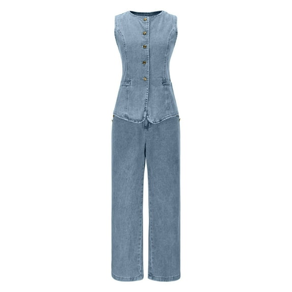 Women's Solid Color New Sleeveless Tank Button Zipper Button Wide Leg Jeans Set Suits Lady White Linen Sets 2 Piece Outfits Blue L