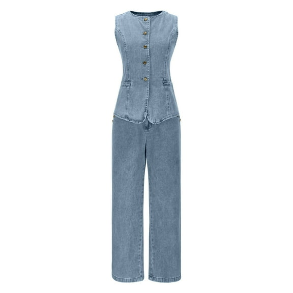 Women's Solid Color New Sleeveless Tank Button Zipper Button Wide Leg Jeans Set Suits Lady White Linen Sets 2 Piece Outfits Blue L
