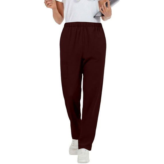 Women's Solid Color Nursing Work Pants Elastic Waist Pockets Straight Leg Scrub Pants Comfortable Durable Soft Breathable Daily Uniform Trousers Wine M