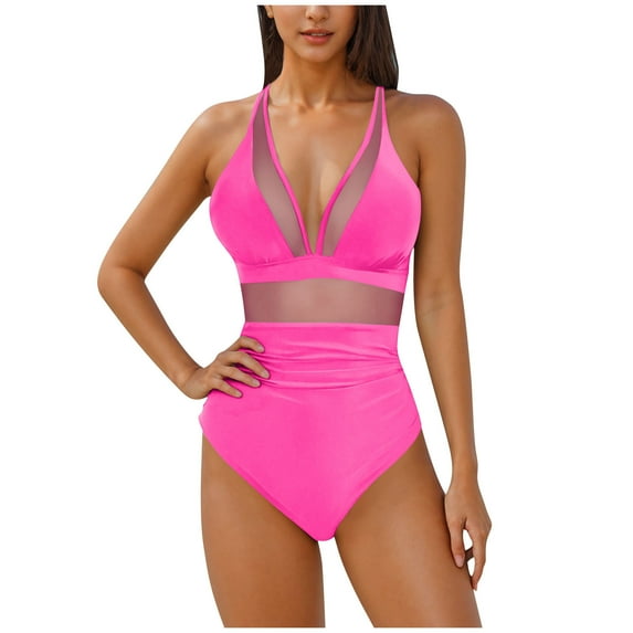 Women's Solid Color One Piece Swimsuit Sexy Mesh Tummy Control Bathing Suits High Waisted Swimwear