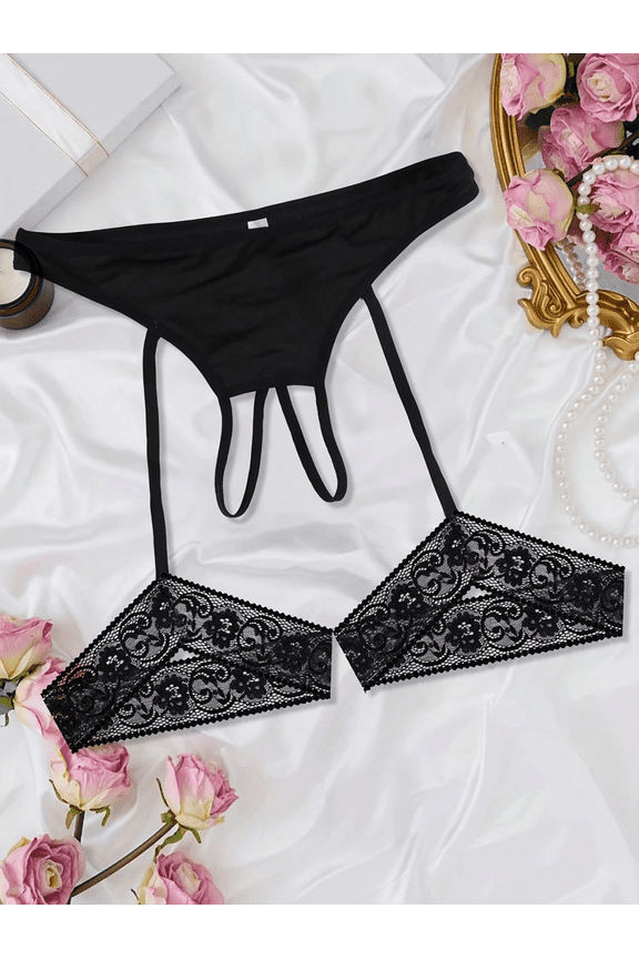 Women's Solid Color Open Crotch Thong with Lace Garter, Sexy Breathable Sweat-Absorbent Women's Underwear, Comfortable and Soft Open Crotch Thong