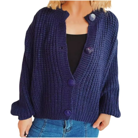 Women's Solid Color Open Front Long Sleeve Ribbed Knit Cropped Cardigan Sweaters Loose Casual Knitted Sweater Button Down Cardigan Crochet Tops Chunky Cardigan Sweaters for Women Trendy