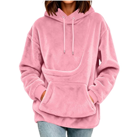 Women's Solid Color Oversized Hoodie Pet Pouch Sweatshirt with Large Kangaroo Pocket Pink XXL(XXL)