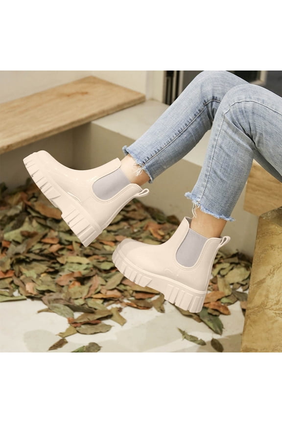Women's Solid Color Platform Rain Boots Thick Sole Padded Short Ankle Rubber Boots Waterproof Non Comfortable For Outdoor Walking Gardening Beige 36
