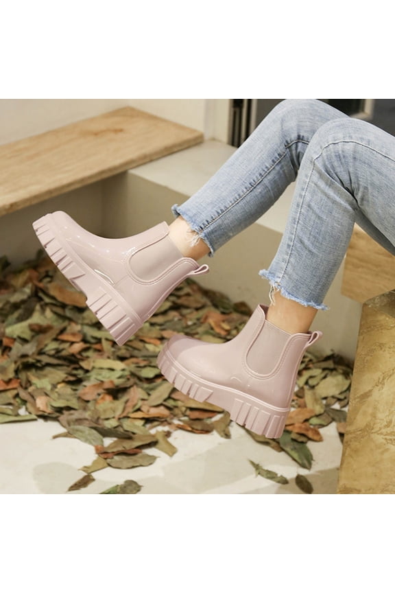 Women's Solid Color Platform Rain Boots Thick Sole Padded Short Ankle Rubber Boots Waterproof Non Slip Comfortable For Outdoor Walking Gardening Light Pink 36