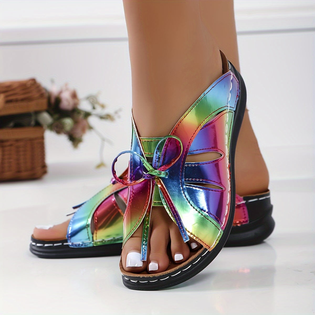 Women's Solid Color Platform Sandals, Lace Up Soft Sole Slides ...