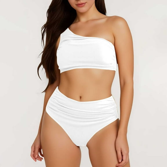 Women's Solid Color Pleated Bikini Set Belly Cinching Two Piece Swimsuit Shoulder Split Swimsuit Girls Bikini Underwear Underwire Bikini for Women Teen Girl Bathing Suits Bikini Mini Bikinis Knot