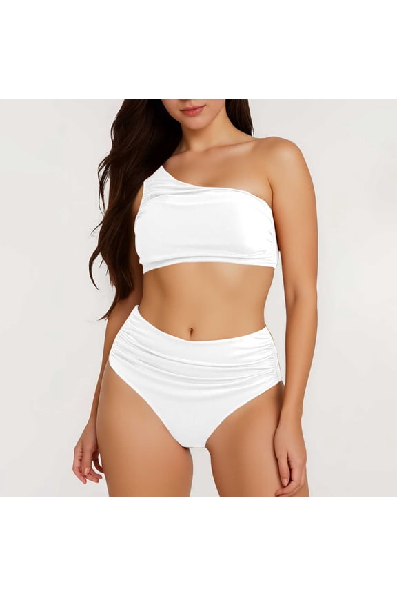 Women's Solid Color Pleated Bikini Set Belly Cinching Two Piece Swimsuit Shoulder Split Swimsuit Girls Bikini Underwear Underwire Bikini for Women Teen Girl Bathing Suits Bikini Mini Bikinis Knot