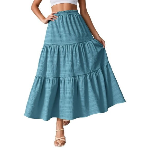 Women's Solid Color Pleated Elastic Waist Skirt - Polyester A Line Casual Midi Skirt, S-XXL