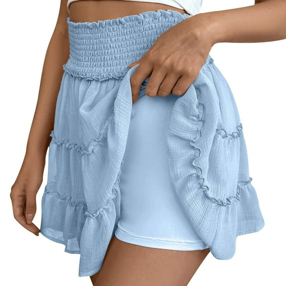 Women's Solid Color Pleated Ruffle Skirt - Elastic Waist, Chafing - Resistant, Stylish for Casual and Vacation Wear