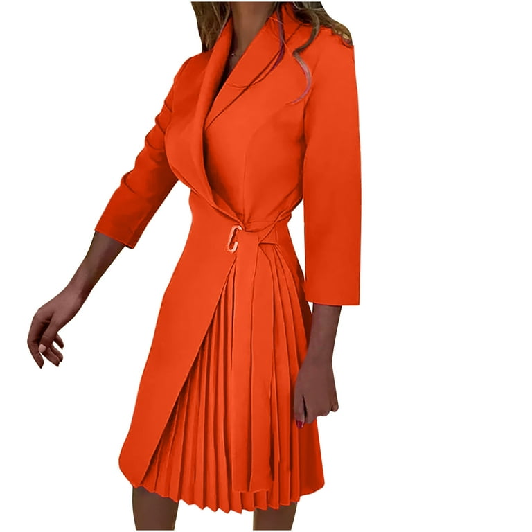 Women's Solid Color Pleated Splicing Belted Midi Dress 3/4 Sleeve Wrap V  Neck Blazer Dress Pencil Work Dresses for Women
