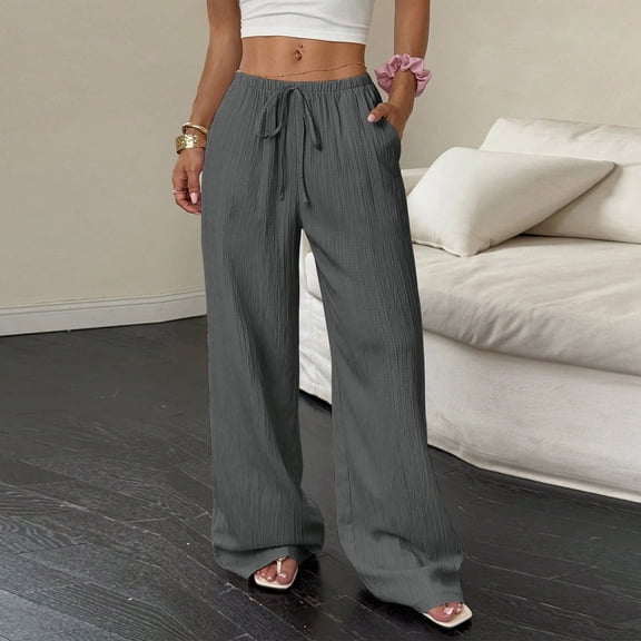 Women's Solid Color Pleated Wide Leg Pants Drawstring Casual Long Trousers with Pockets Dark Gray L
