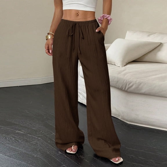 Women's Solid Color Pleated Wide Leg Pants Drawstring Casual Long Trousers with Pockets Light Brown M