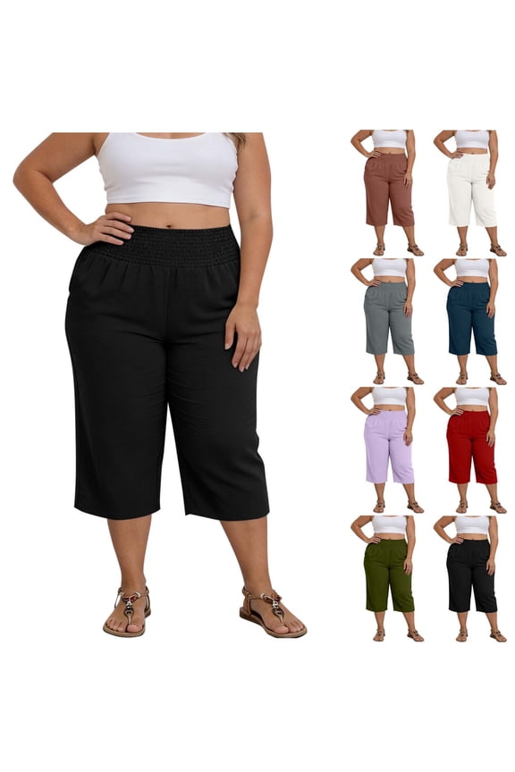 Women's Solid Color Plus Size Capris, Wide Leg Pants with Pockets, Soft Polyester Blend, Pull On Casual Bottoms For Summer Work, Travel, And Everyday | TruBelle,Black XL