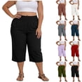 thumbnail image 1 of Women's Solid Color Plus Size Capris, Wide Leg Pants with Pockets, Soft Polyester Blend, Pull On Casual Bottoms For Summer Work, Travel, And Everyday | TruBelle,White L, 1 of 9