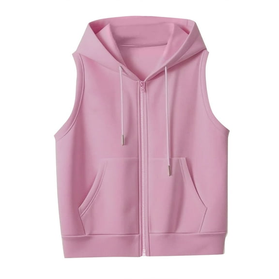 Women's Solid Color Plus Size Fashionable Hooded Drawstring Pocket Vest Top Jacket, Hooded Vest for Women, Casual Sleeveless Jacket,Pink,XL