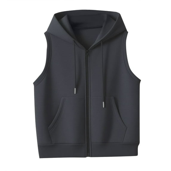 Women's Solid Color Plus Size Hooded Vest - Fashionable, Drawstring, With Pockets, Dark Gray, XXL