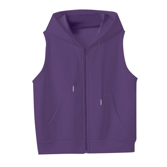 Women's Solid Color Plus Size Hooded Vest - Fashionable, Drawstring, With Pockets, Purple, XXXXL