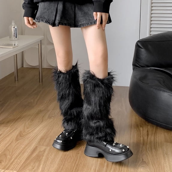 Women's Solid Color Plush Leg Warmers, Fuzzy Fleece Leg Socks for Winter, Soft Stretchable Leg Covers for Cold Weather, Cozy Thermal Leg Accessories, Warm Pile Fabric Leggings for Daily Wear Black