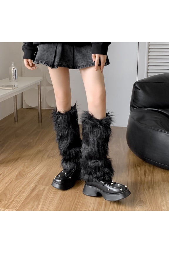 Women's Solid Color Plush Leg Warmers, Fuzzy Fleece Leg Socks for Winter, Soft Stretchable Leg Covers for Cold Weather, Cozy Thermal Leg Accessories, Warm Pile Fabric Leggings for Daily Wear Black