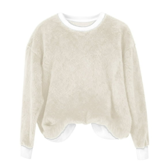 Women's Solid Color Plush Sweater, Soft Fuzzy Round Neck Pullover Top, Cozy Fleece-Like Material Casual Wear, Warm Fuzzy Texture Fall Winter Sweater, Comfortable Plush Fabric Everyday Top Beige