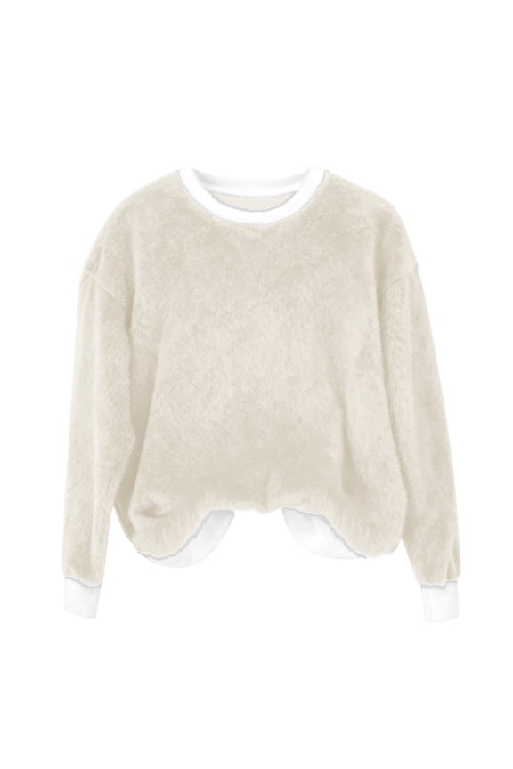 Women's Solid Color Plush Sweater, Soft Fuzzy Round Neck Pullover Top, Cozy Fleece-Like Material Casual Wear, Warm Fuzzy Texture Fall Winter Sweater, Comfortable Plush Fabric Everyday Top Beige