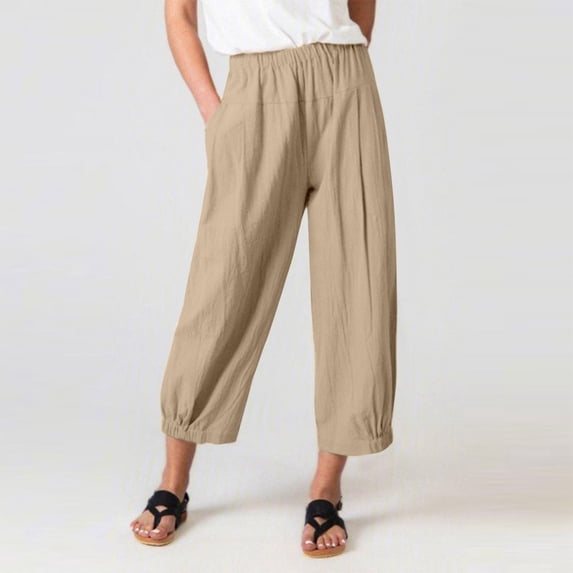 Women's Solid Color Pocket Cropped Linen Pants Casual Ankle Length Asymmetrical Trousers Stretchy Pants for Women Casual Womens Work Pants Business Casual Pant for Women Casual Summer Pant Beach