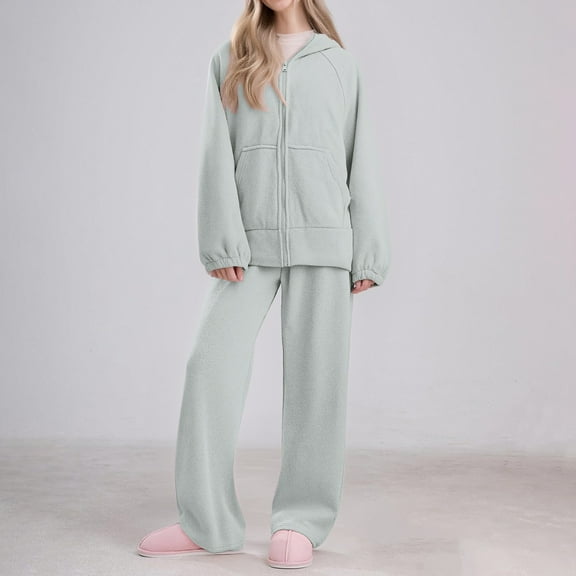 Women's Solid Color Polar Fleece Pajama Set, Thermal Winter Loungewear, Plush Warm Sleepwear, Thickened Outdoor Style Pajamas, Cozy Home Wear Two-Piece Set Green M