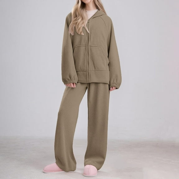 Women's Solid Color Polar Fleece Pajama Set, Thermal Winter Loungewear, Plush Warm Sleepwear, Thickened Outdoor Style Pajamas, Cozy Home Wear Two-Piece Set Brown XL