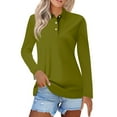 thumbnail image 1 of Women's Solid Color Polo Collar Long Sleeve Casual Button-Up Shirt - Army Green - XXL, 1 of 5