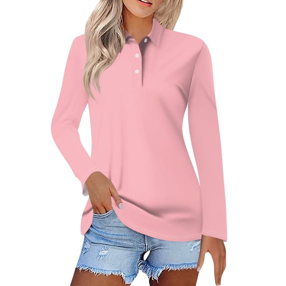 Women's Solid Color Polo Collar Long Sleeve Casual Button-Up Shirt - Pink - M