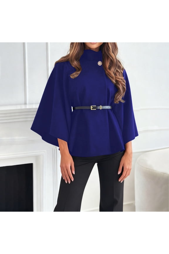 Women's Solid Color Poncho Coat, Batwing Sleeve Cape Jacket, Oversized Belted Tunic, Stand Collar Casual Cloak, Trendy Loose Fit Outerwear, Elegant Layering Piece Blue XS