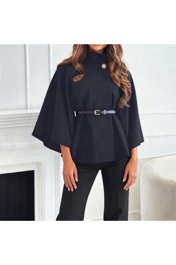 Women's Solid Color Poncho Coat, Batwing Sleeve Cape Jacket, Oversized Belted Tunic, Stand Collar Casual Cloak, Trendy Loose Fit Outerwear, Elegant Layering Piece Black XS