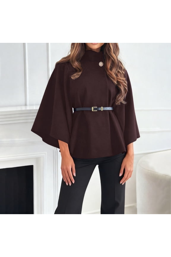 Women's Solid Color Poncho Coat, Batwing Sleeve Cape Jacket, Oversized Belted Tunic, Stand Collar Casual Cloak, Trendy Loose Fit Outerwear, Elegant Layering Piece Coffee M