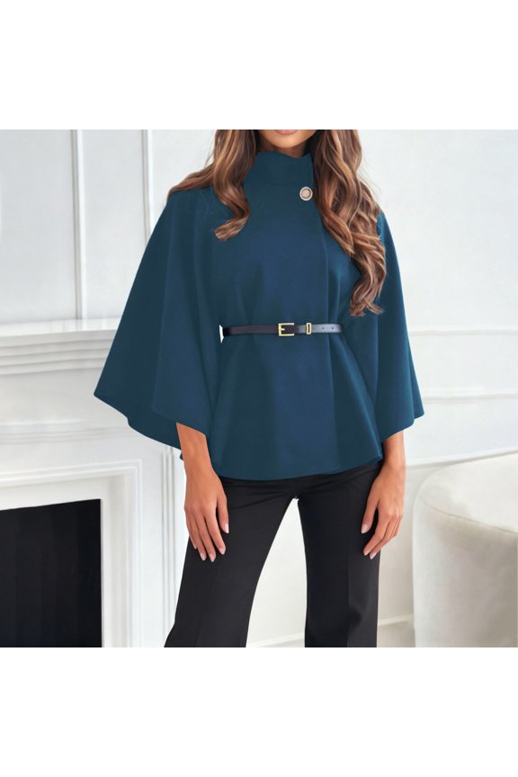 Women's Solid Color Poncho Coat, Batwing Sleeve Cape Jacket, Oversized Belted Tunic, Stand Collar Casual Cloak, Trendy Loose Fit Outerwear, Elegant Layering Piece Navy L