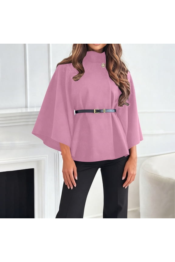 Women's Solid Color Poncho Coat, Batwing Sleeve Cape Jacket, Oversized Belted Tunic, Stand Collar Casual Cloak, Trendy Loose Fit Outerwear, Elegant Layering Piece Pink M