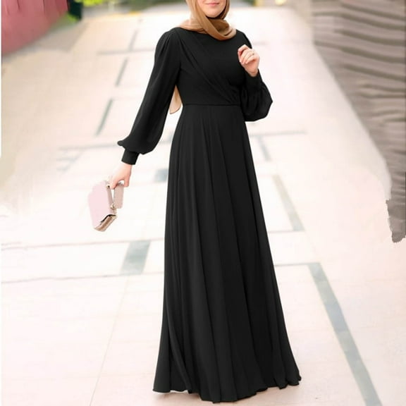 Women's Solid Color Puff Sleeve Casual Pleated Temperament Dress Clothes for Women Long Sleeve Dresses for Women Casual Summer Sportswear for Women Clothes for Women for Party Women Dresses Fancy Long