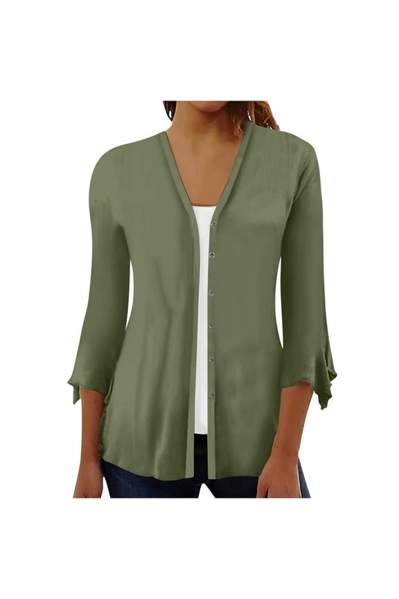 Women's Solid Color Puff Sleeve Kimono Cardigan Loose Cover Up Blouse Tops 3/4 Sleeve Ruffle Open Front Button Cardigan,Womens Loose Kimono Cardigan