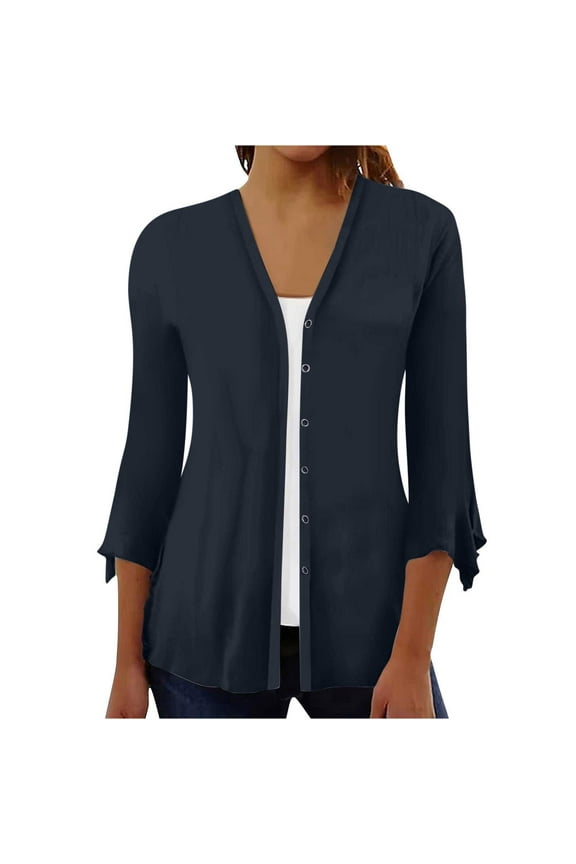 Women's Solid Color Puff Sleeve Kimono Cardigan Loose Cover Up Blouse Tops 3/4 Sleeve Ruffle Open Front Button Cardigan,Womens Loose Kimono Cardigan