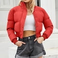 thumbnail image 1 of Women's Solid Color Puffer Jacket Women Short Bomber Jacket Stand Collar Zip Up Padded Coat Loose Casual Warm Jacket For Ladies Autumn Winter Red M, 1 of 8
