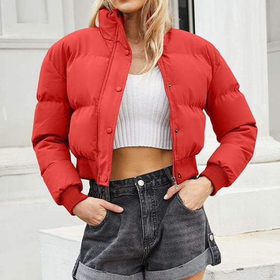 Women's Solid Color Puffer Jacket Women Short Bomber Jacket Stand Collar Zip Up Padded Coat Loose Casual Warm Jacket For Ladies Autumn Winter Red M