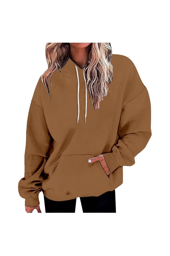 Women's Solid Color Pullover Hoodie with Drawstring and Side Pockets, French Terry Casual Streetwear Sweatshirt for Lounge Comfort, Daily Wear and Outdoor Activities Coffee L