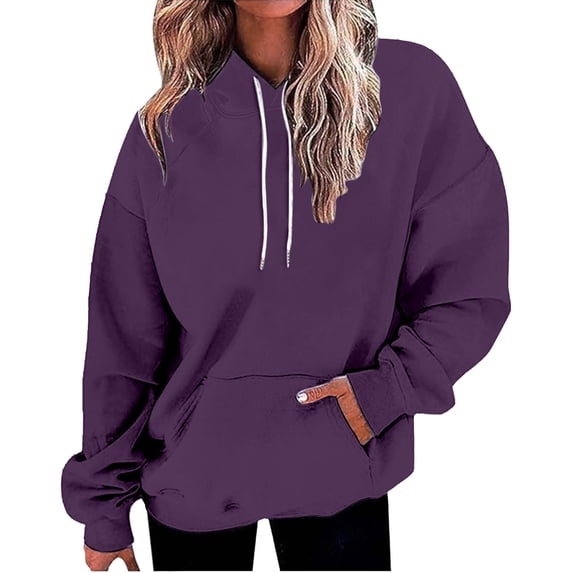 Women's Solid Color Pullover Hoodie with Drawstring and Side Pockets, French Terry Casual Streetwear Sweatshirt for Lounge Comfort, Daily Wear and Outdoor Activities Purple M