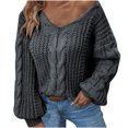 thumbnail image 1 of Women's Solid Color Pullover Sweater Autumn Winter Retro Loose Knit Balloon Sleeve Casual Comfortable Warm Fashion Top, 1 of 2