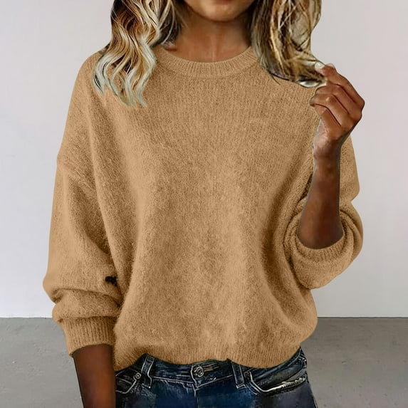 Women's Solid Color Pullover Sweater, Soft Short Pile Surface Round Neck Top, Loose Fit Long Sleeve Knit for Spring and Autumn, Comfortable Casual Sweater with Turn-Down Collar Gold XXXL