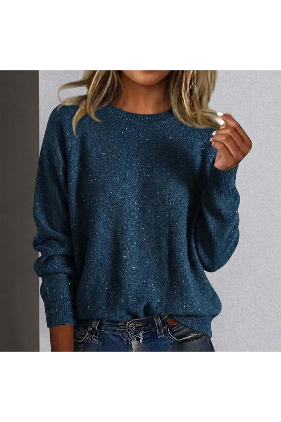 Women's Solid Color Pullover Sweater with Sequins, Loose Fit Round Neck Knit Top for Versatile Daily Wear, Casual Long Sleeve Blouse for Comfort